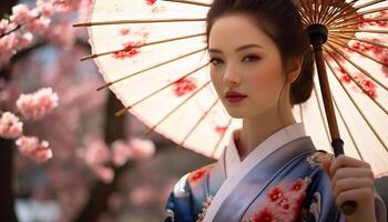 ai gegenereerd mooi jong geisha op zoek Bij camera, vervelend traditioneel Japans kleding gegenereerd door ai foto