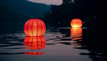 ai gegenereerd gloeiend lantaarn verlicht rustig nacht, reflecterend schoonheid in natuur gegenereerd door ai foto