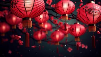ai gegenereerd Chinese lantaarns verlichten de nacht, symboliseert welvaart en geluk gegenereerd door ai foto