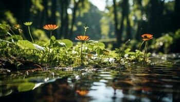 ai gegenereerd mooi geel bloem weerspiegelt in kalmte vijver water gegenereerd door ai foto