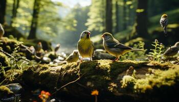 ai gegenereerd vogel neerstrijken Aan tak, omringd door kleurrijk Woud gegenereerd door ai foto