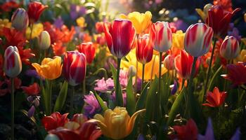 ai gegenereerd levendig tulp bloesem brengt schoonheid naar natuur gegenereerd door ai foto