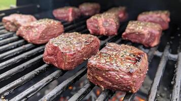 ai gegenereerd sappig rundvlees steaks sissend Aan de grill, verleidelijk aroma vulling de lucht, ai gegenereerd foto