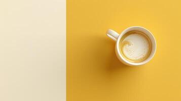 ai gegenereerd genieten een koffie moment met een top visie Aan een geel en wit achtergrond. ai gegenereerd. foto