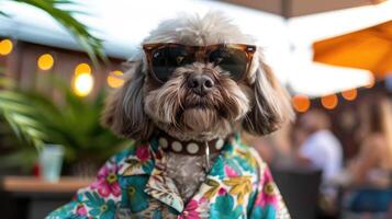 ai gegenereerd een elegant hond dons kleurrijk kleren en zonnebril, opvallend een houding met onweerstaanbaar charme. ai gegenereerd. foto