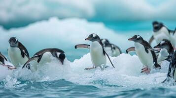 ai gegenereerd pinguïns blij Speel Aan een groot blok van ijs in de midden van een strand, creëren een koel en grappig tafereel, ai gegenereerd. foto