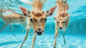 ai gegenereerd hilarisch onderwater- tafereel hert in zwembad Toneelstukken diep duiken actie, ai gegenereerd. foto