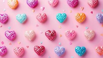 ai gegenereerd kleurrijk harten verspreide Aan een roze achtergrond, vieren Valentijnsdag dag. ai gegenereerd. foto