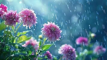 ai gegenereerd dahlia bloemen versierd met regendruppels glinsterend in een tuin, vastleggen van de natuur elegantie. ai gegenereerd. foto