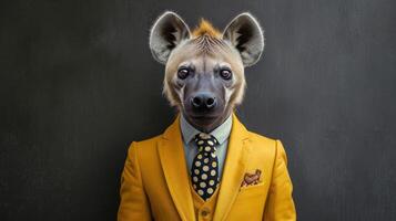 ai gegenereerd hyena rotsen modern geel pak, polka punt binden. ai gegenereerd foto