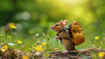 ai gegenereerd een weinig muis met een rugzak, klaar voor een natuur avontuur, belichaamt aanbiddelijk reislust, ai gegenereerd. foto