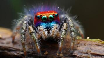 ai gegenereerd spin met ogen tweemaal net zo groot, versierd in regenboog kleuren Aan beide kanten, ai gegenereerd. foto