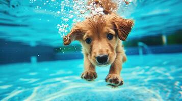 ai gegenereerd hilarisch onderwater- tafereel puppy in zwembad Toneelstukken diep duiken actie, ai gegenereerd. foto