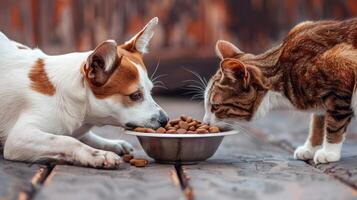 ai gegenereerd hond en kat genieten maaltijd samen van gedeeld schaal, ai gegenereerd foto