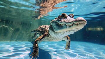 ai gegenereerd hilarisch onderwater- tafereel alligator in zwembad Toneelstukken diep duiken actie. ai gegenereerd. foto