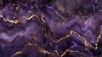 ai gegenereerd goud spatten sieren een abstract Purper marmeren textuur, ai gegenereerd. foto