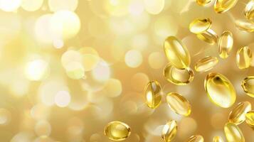 ai gegenereerd omega-3 vis olie capsules Aan een luxueus gouden bokeh web banier achtergrond, ai gegenereerd. foto
