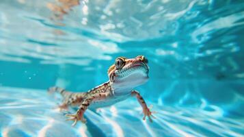 ai gegenereerd hilarisch onderwater- tafereel gekko in zwembad Toneelstukken diep duiken actie, ai gegenereerd. foto
