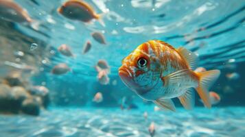 ai gegenereerd hilarisch onderwater- tafereel vis in zwembad Toneelstukken diep duiken actie, ai gegenereerd. foto
