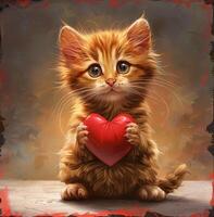 ai gegenereerd aanbiddelijk gestreept kat knuffelen een Valentijnsdag hart, ai gegenereerd. foto