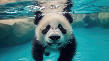 ai gegenereerd hilarisch onderwater- tafereel panda in zwembad Toneelstukken diep duiken actie, ai gegenereerd. foto