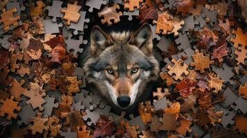 ai gegenereerd top visie van een schattig wolf concentreren Aan een decoupeerzaag puzzel, ai gegenereerd. foto