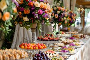 ai gegenereerd catering buffet tafel met een heerlijk voedsel Aan bruiloft. generatief ai foto