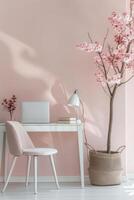 ai gegenereerd huis kantoor in vrouwelijk stijl. elegant kantoor werkruimte met een blozen roze kleur regeling. generatief ai foto