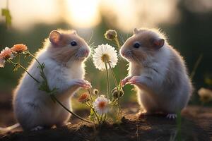 ai gegenereerd schattig weinig hamsters spelen in een tuin foto