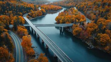 ai gegenereerd een brug over- een rivier- met bomen in de achtergrond foto