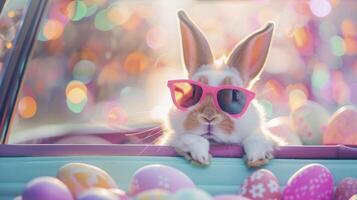 ai gegenereerd Pasen konijn met zonnebril gluren uit van een auto, omringd door kleurrijk Pasen eieren foto