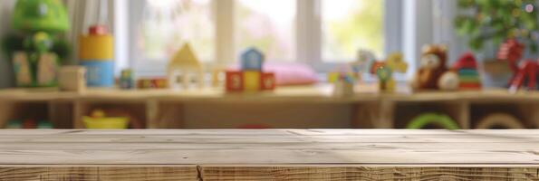 ai gegenereerd houten tafel met vrij ruimte over- een wazig achtergrond van een kinderen kamer gevulde met kind speelgoed foto