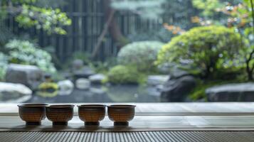 ai gegenereerd sereen traditie. traditioneel Japans thee ceremonie reeks in een rustig tuin instelling, meeslepend deelnemers in een cultureel ritueel van thee waardering en harmonie met natuur. foto