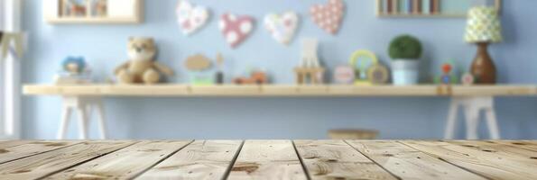 ai gegenereerd houten tafel met vrij ruimte over- een wazig achtergrond van een kinderen kamer gevulde met kind speelgoed foto