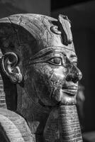 ai gegenereerd monochroom majesteit, Egyptische figuur gevangen genomen in klassiek zwart en wit, echoën tijdloos elegantie en mysterie. foto