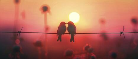 ai gegenereerd Bij zonsondergang twee vogelstand omhelzing liefde en romance in een Valentijn dag knuffel foto