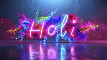 ai gegenereerd kleurrijk neon tekst hallo, gelukkig holi dag concept foto