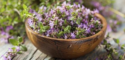 ai gegenereerd macro visie van berg tijm bloemen foto