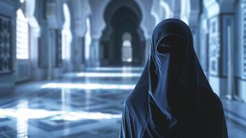 ai gegenereerd een vrouw Islamitisch kostuum moskee achtergrond foto