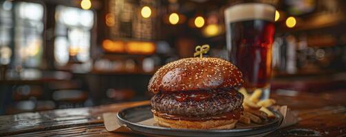 ai gegenereerd sissend tevredenheid. sappig steak hamburger geserveerd Aan een bord boven een houten tafel, aanlokkelijk de smaak bloemknoppen met haar onweerstaanbaar aroma en smaak. foto