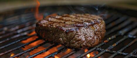 ai gegenereerd gegrild naar perfectie, verkoold steak Aan de barbecue, in afwachting hartig toegeeflijkheid foto