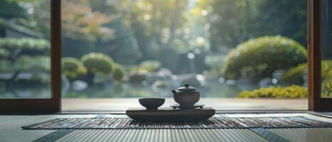 ai gegenereerd sereen traditie. traditioneel Japans thee ceremonie reeks in een rustig tuin instelling, meeslepend deelnemers in een cultureel ritueel van thee waardering en harmonie met natuur. foto