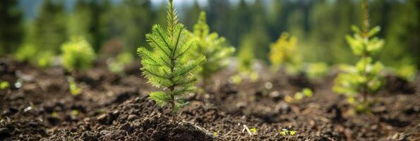 ai gegenereerd verjongend natuur overkapping, aanplant naaldboom bomen in de Open uitgestrektheid van een bergachtig landschap foto