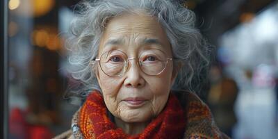 ai gegenereerd bevallig wijsheid. portret van een Aziatisch ouderen vrouw, reflecterend een levenslang van ervaring en weerstand. foto