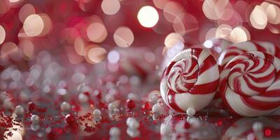 ai gegenereerd verzameling van rood en wit kolken snoepjes tegen een feestelijk bokeh achtergrond foto