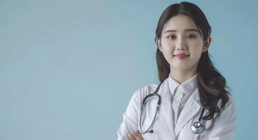 ai gegenereerd jong Aziatisch dokter vrouw. een portret van professionaliteit en mededogen in gezondheidszorg. foto