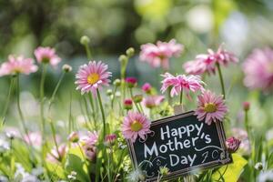 ai gegenereerd bloemen met de tekst gelukkig moeders dag foto