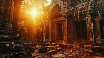 ai gegenereerd boeddhistisch tempel Bij zonsondergang. foto