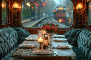 ai gegenereerd wijnoogst trein auto dining ervaring met periode details en intiem zitplaatsen foto