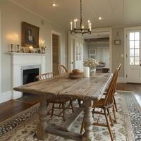 ai gegenereerd warm en uitnodigend dining kamer met een rustiek boerderij tafel en kaars kroonluchter foto